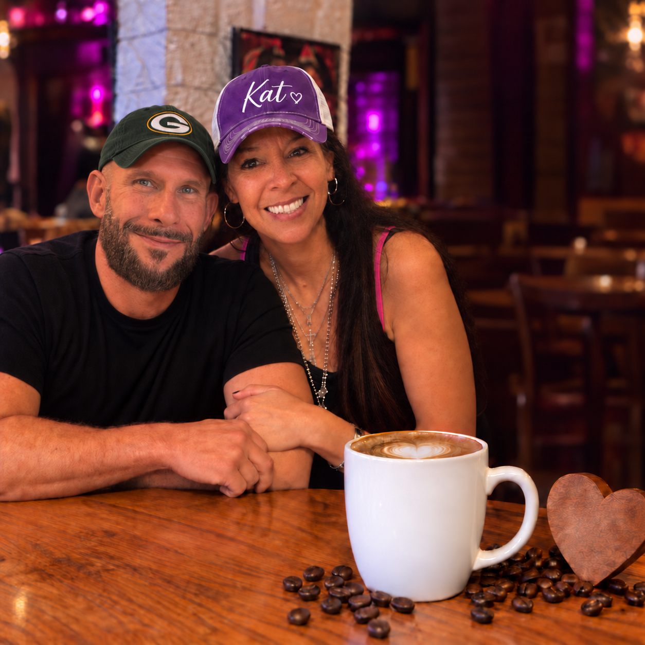 Kat and Glen together, with Kat wearing her purple Kat hat
